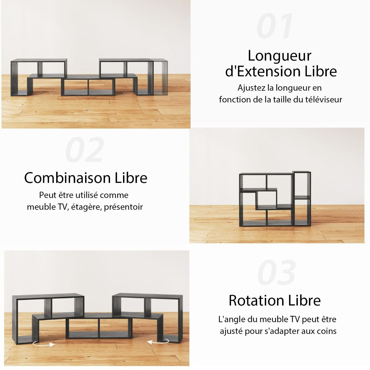 Meuble TV 3 Pièces 134-180X30X43Cm Combination Libre Pour Télévision Jusqu’À 49 Pouces Pour Salon Chambre Bureau En MDF Noir/Blanc/Café/Gris