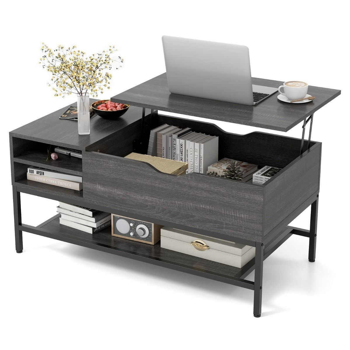 Table Basse À Plateau Relevable Table De Salon Avec Compartiment Caché Et Etagère De Rangement Amovible Table Centrale Rabattable Blanc/Gris