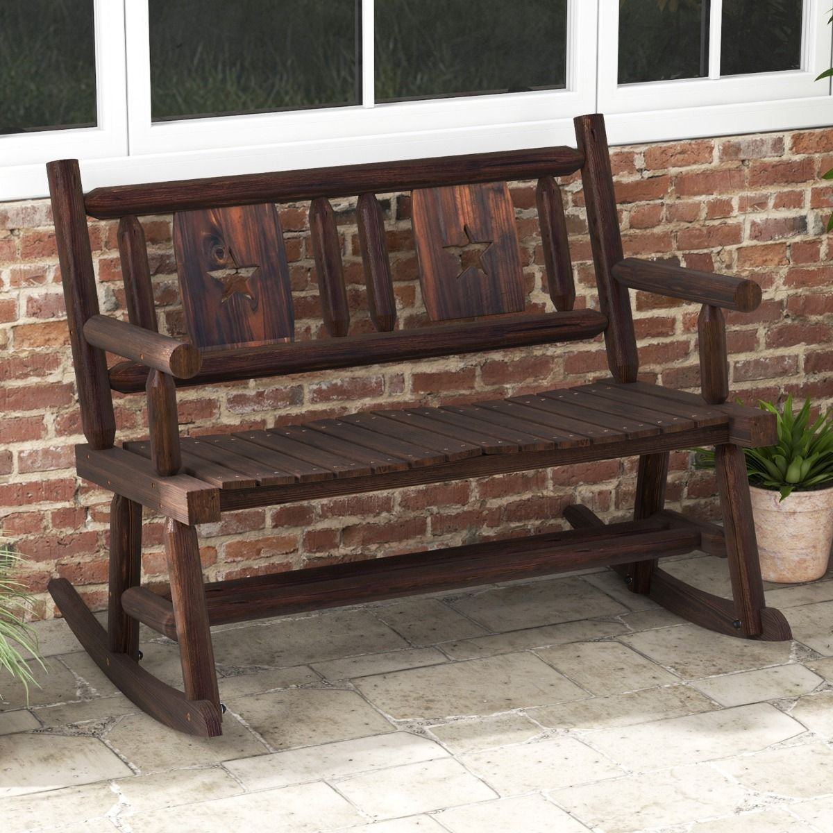 Banc À Bascule De Jardin En Bois Carbonisé 2 Personnes Siège À Lattes Dossier Ergonomique Charge 320KG Terrasse Piscine