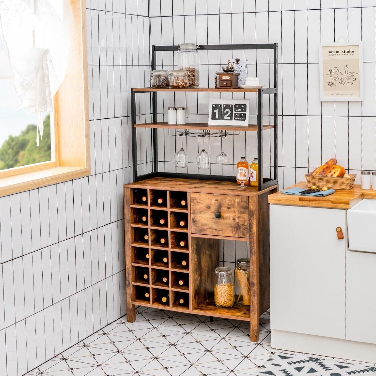 Armoire De Cuisine Avec Casier À Vin Peut Contenir 18 Bouteilles Et Tiroir Support De Bar À 4 Niveaux Avec Support De Verre À Vin Café