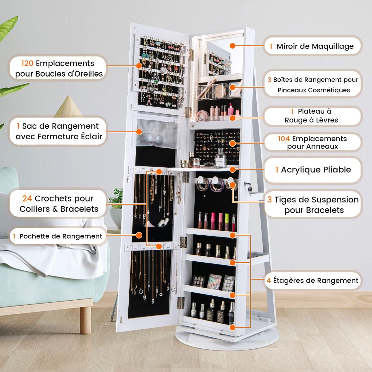 Armoire À Bijoux Pivotante À 360°Avec Lumières LED 3 Couleurs Miroir Pleine Longueur Et Étagère 3 Niveaux En Arrière 10 Couleurs Au Choix