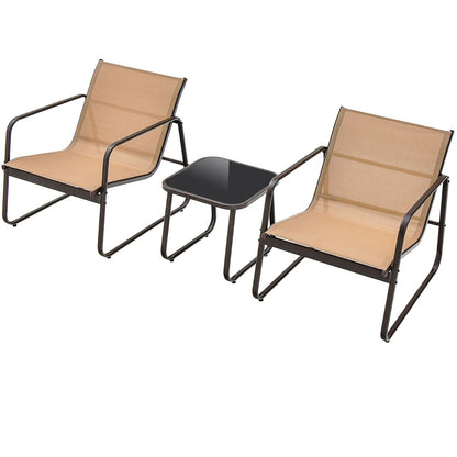 Salon De Jardin 3 PCS En Textilène Anti-Uv Table Basse En Verre Trampé Cadre En Métal Marron/Noir