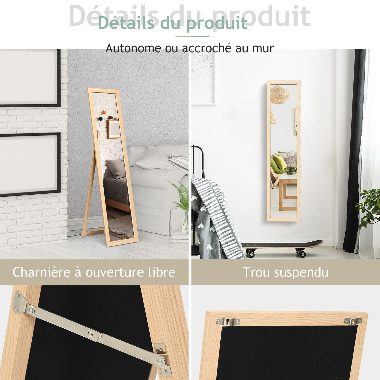 Miroir Sur Pied Psyché Miroir Autoportant Rectangulaire 155 X 37 Cm Style Scandinave Moderne Blanc/Naturel/Noir