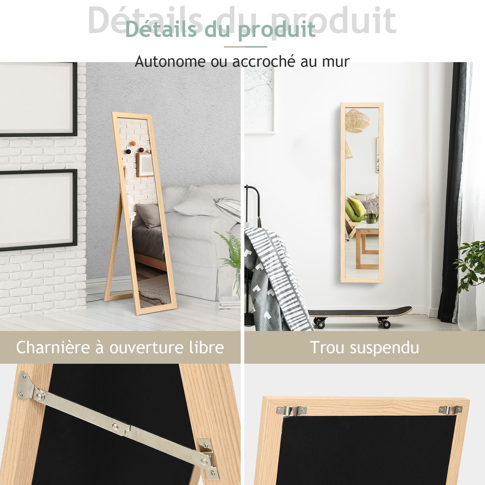 Miroir Sur Pied Psyché Miroir Autoportant Rectangulaire 155 X 37 Cm Style Scandinave Moderne Blanc/Naturel/Noir