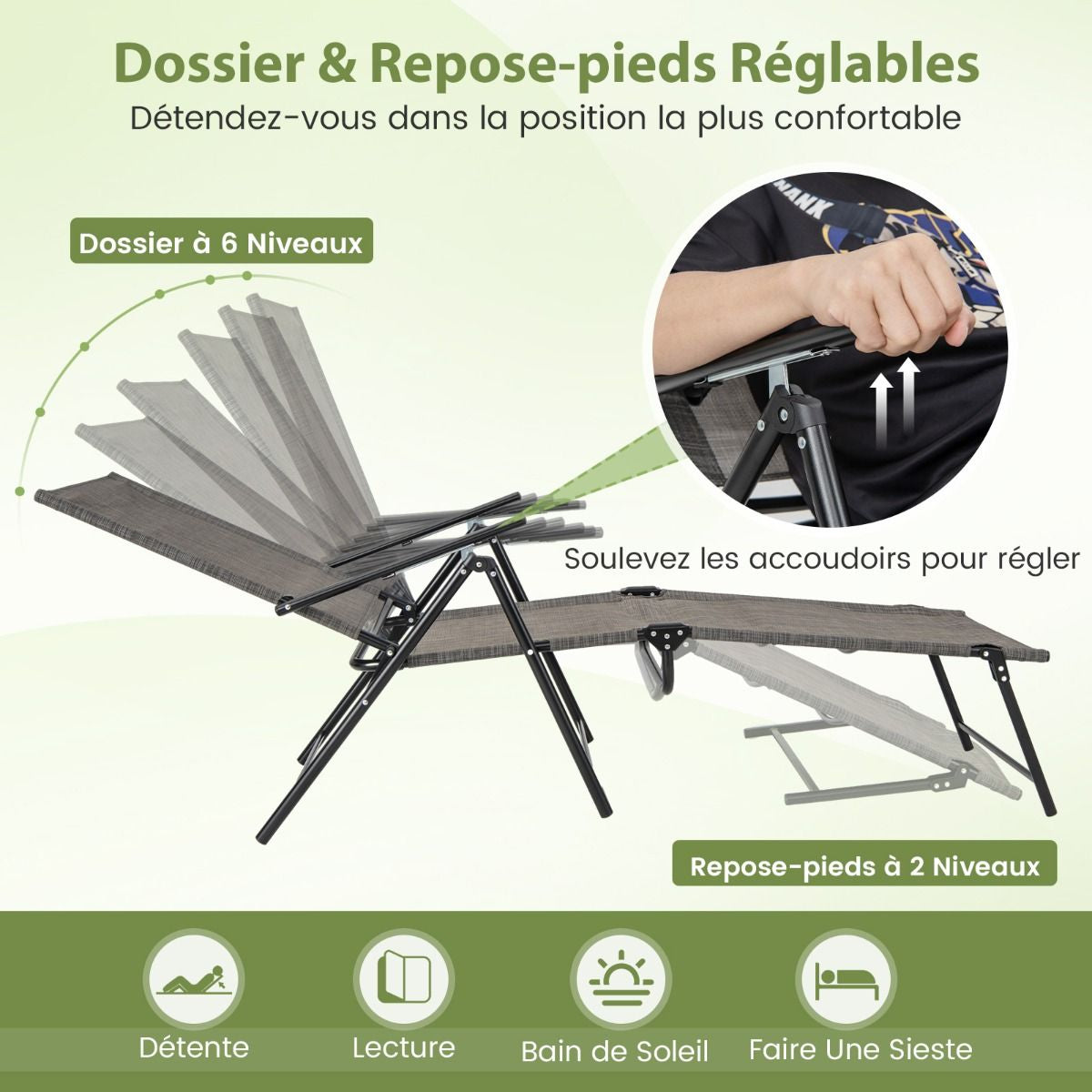 Chaises Longues Pliantes Fauteuil 2 Pièces Dossier À 6 Niveaux Tissu De Siège Respirant Cadre En Métal Solide Chaises Inclinables Réglables Gris/Noir/Café