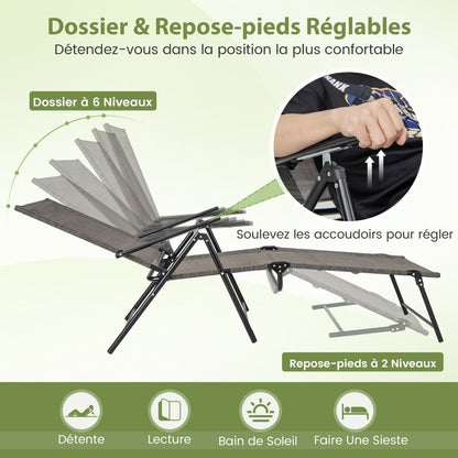 Chaises Longues Pliantes Fauteuil 2 Pièces Dossier À 6 Niveaux Tissu De Siège Respirant Cadre En Métal Solide Chaises Inclinables Réglables Gris/Noir/Café