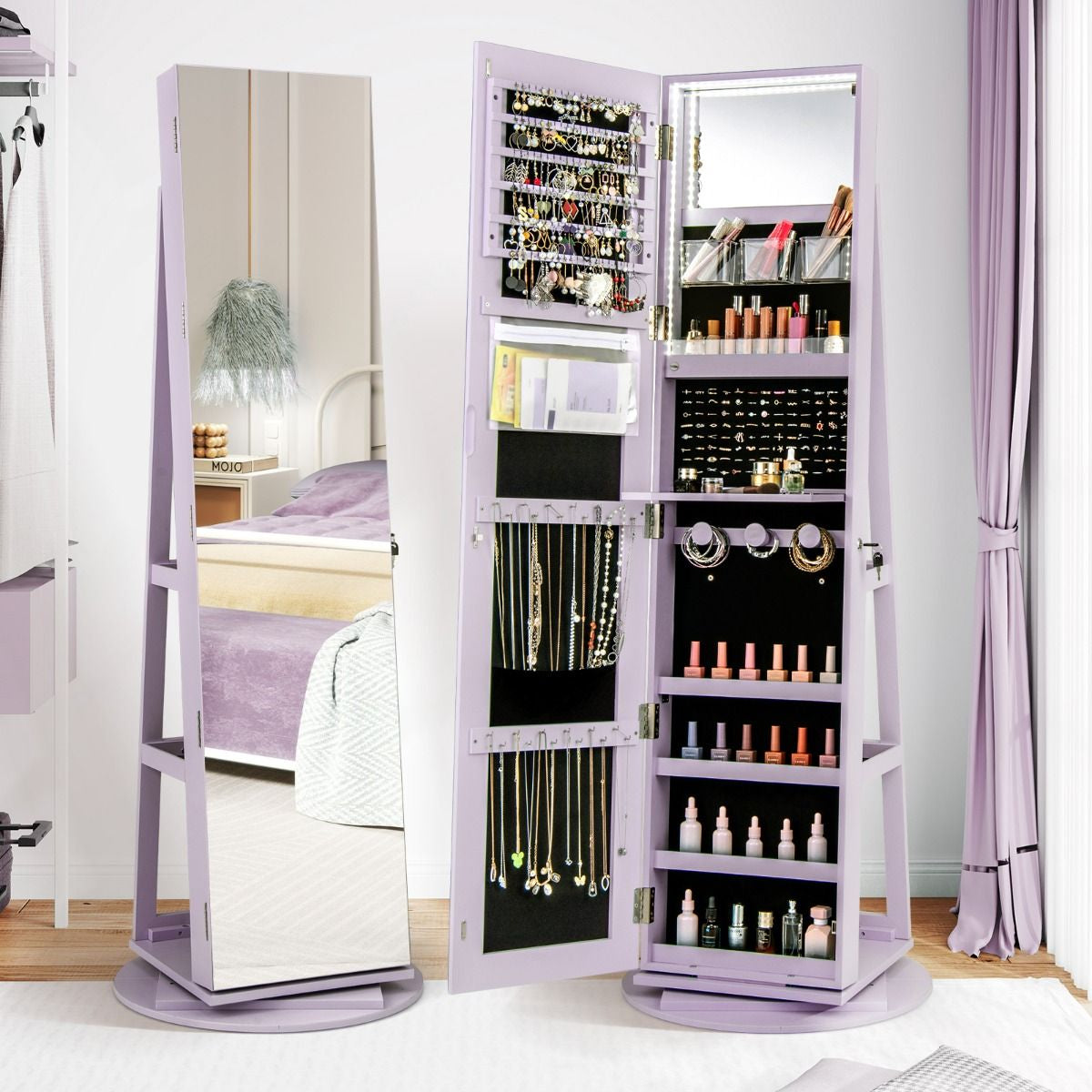 Armoire À Bijoux Pivotante À 360°Avec Lumières LED 3 Couleurs Miroir Pleine Longueur Et Étagère 3 Niveaux En Arrière 10 Couleurs Au Choix