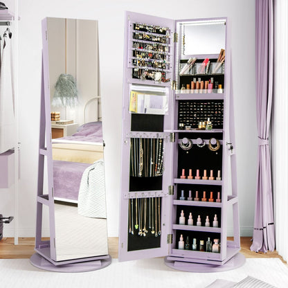 Armoire À Bijoux Pivotante À 360°Avec Lumières LED 3 Couleurs Miroir Pleine Longueur Et Étagère 3 Niveaux En Arrière 10 Couleurs Au Choix