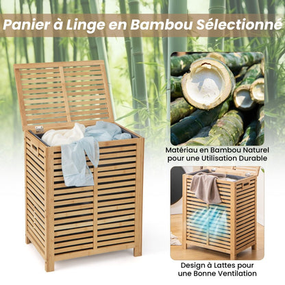 Panier À Linge 80L En Bambou Corbeille À Linge Avec Couvercle Sac À Doublure Et Poignées 50 X 35 X 62 Cm Naturel
