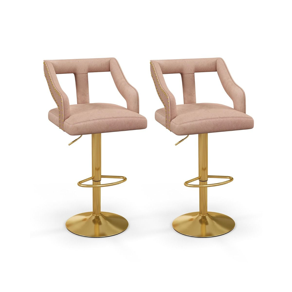 Lot De 2 Chaises De Bar Pivotantes Et Réglables Repose-Pied Base En Métal Galvanisé Anneau Antidérapant Gris/Rose