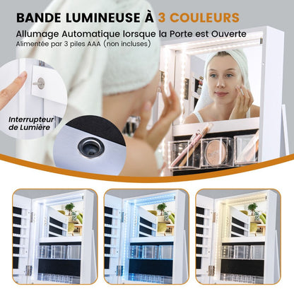 Armoire À Bijoux Pivotante À 360°Avec Lumières LED 3 Couleurs Miroir Pleine Longueur Et Étagère 3 Niveaux En Arrière 10 Couleurs Au Choix