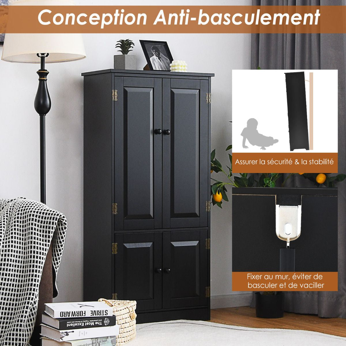 Armoire De Chambre Avec 2 Porte De Style Vintage Avec 2 Etagères Réglables À 5 Positions En MDF Blanc/Noir