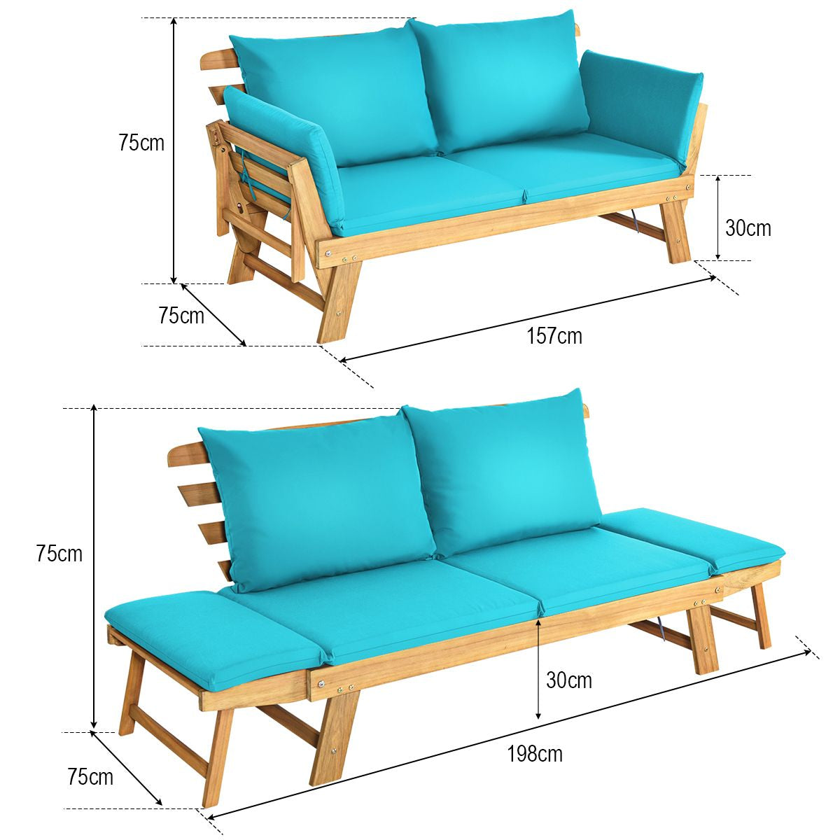 Chaise Longue Convertible Avec Coussin Canapé De Jardin 2 En 1 En Bois D’Acacia Avec Accoudoir Réglable 4 Couleurs Au Choix