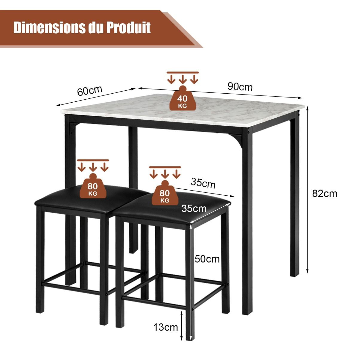 Table Haute Cuisine Avec 2 Tabourets Table Bar Cuisine Cadre En Métal Mange-Debout Industriel Pour Bistro Salle À Manger Cuisine Blanc/Café/Noir