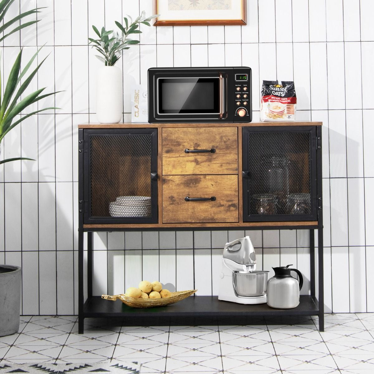 Buffet De Cuisine Avec 2 Placard 2 Tiroirs Et Étagère Inférieure Style Industriel Pour Salon Couloir Cuisine