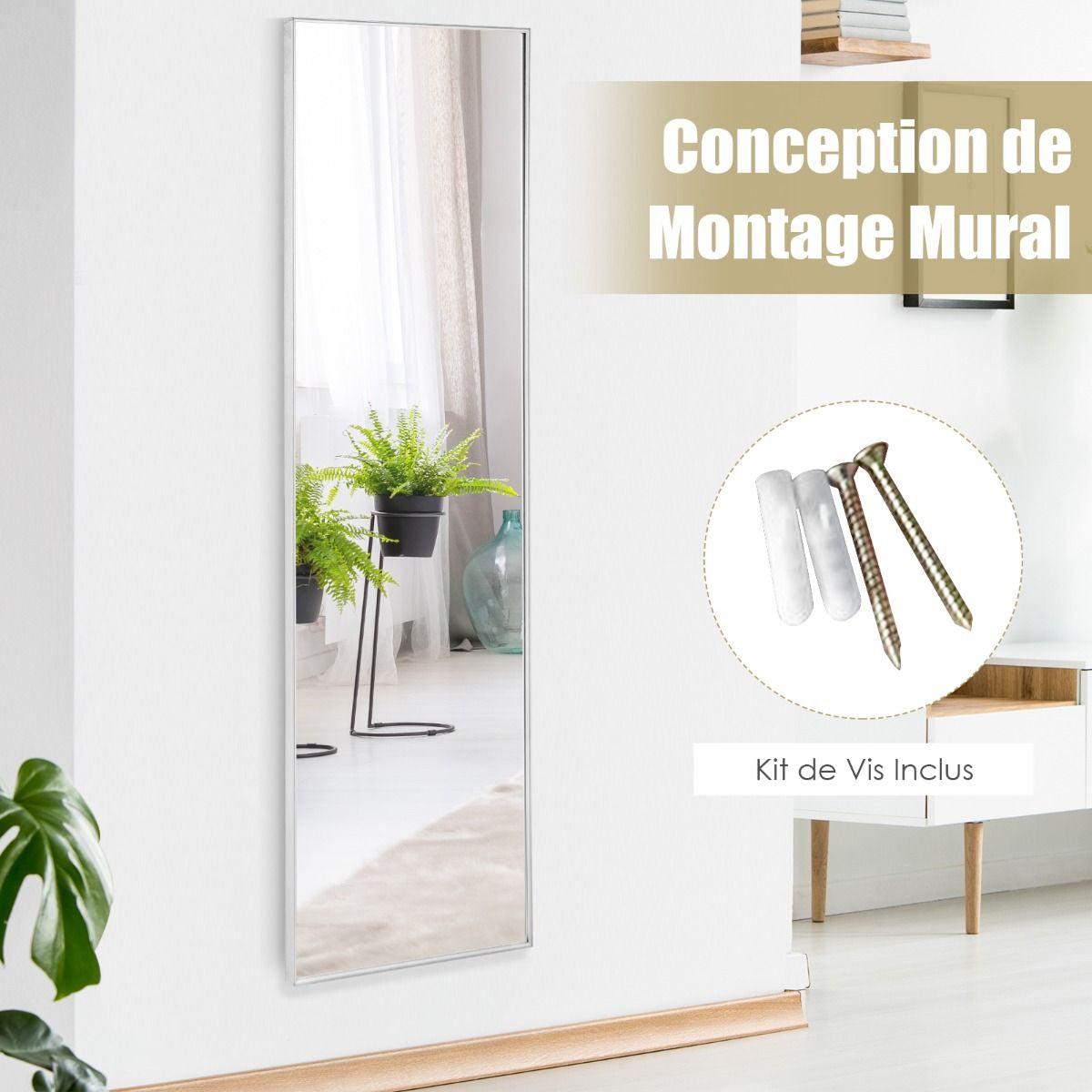 Miroir HD Psyché Mural Miroir Rectangulaire De Grand Format H 120 X L37 CM Cadre Argent En Alliage D'Aluminium Noir/Argent/Or