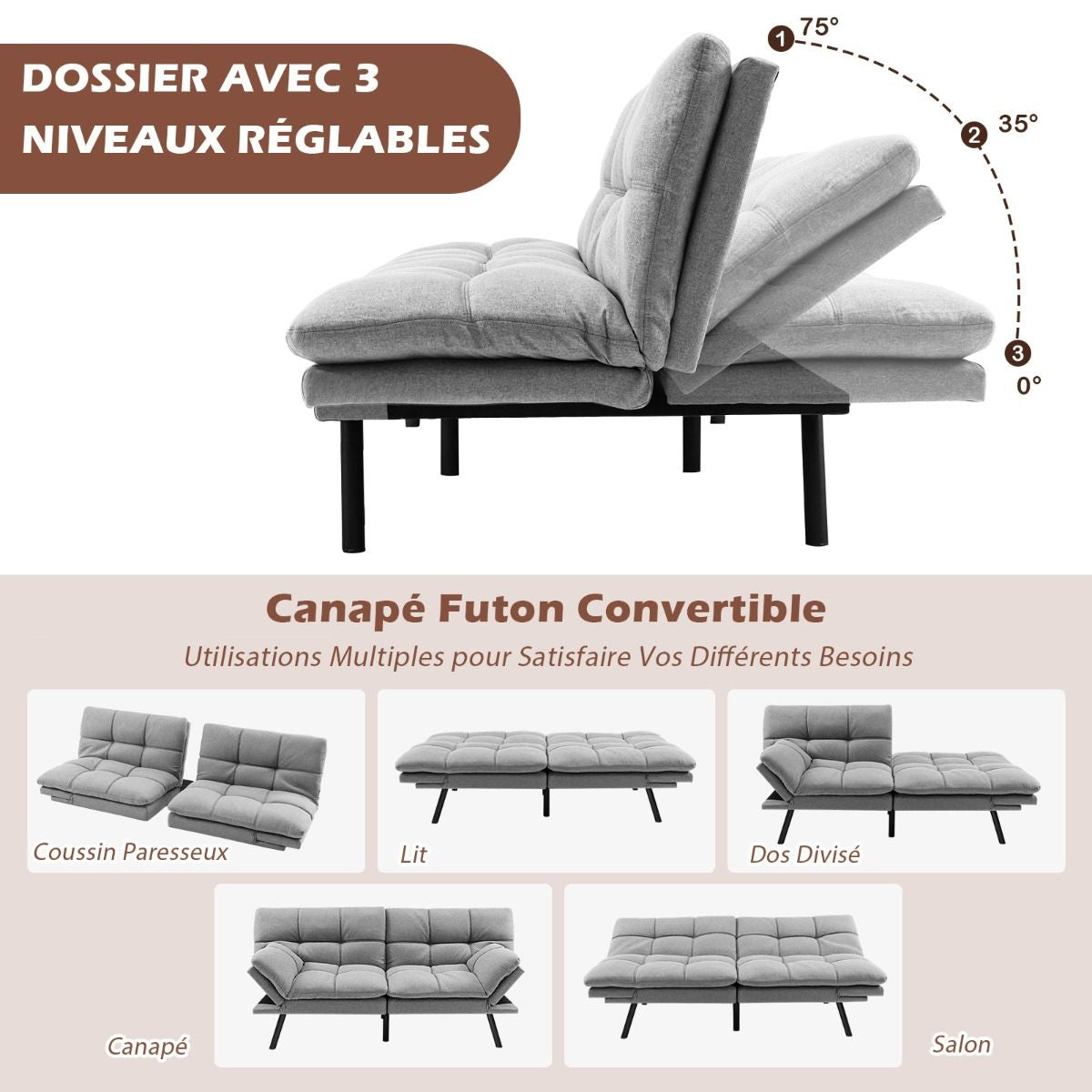 Canapé-Lit Futon Convertible En Mousse À Mémoire De Forme Avec Dossier Et Accoudoirs Réglables Canapé-Lit Futon Moderne Gris/Noir/Brun