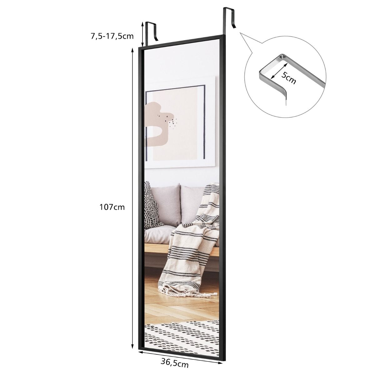 Miroir À Suspendre Sur Porte Avec Crochets De Suspension Réglables En Hauteur 36,5 X 107 CM Blanc/Café/Noir