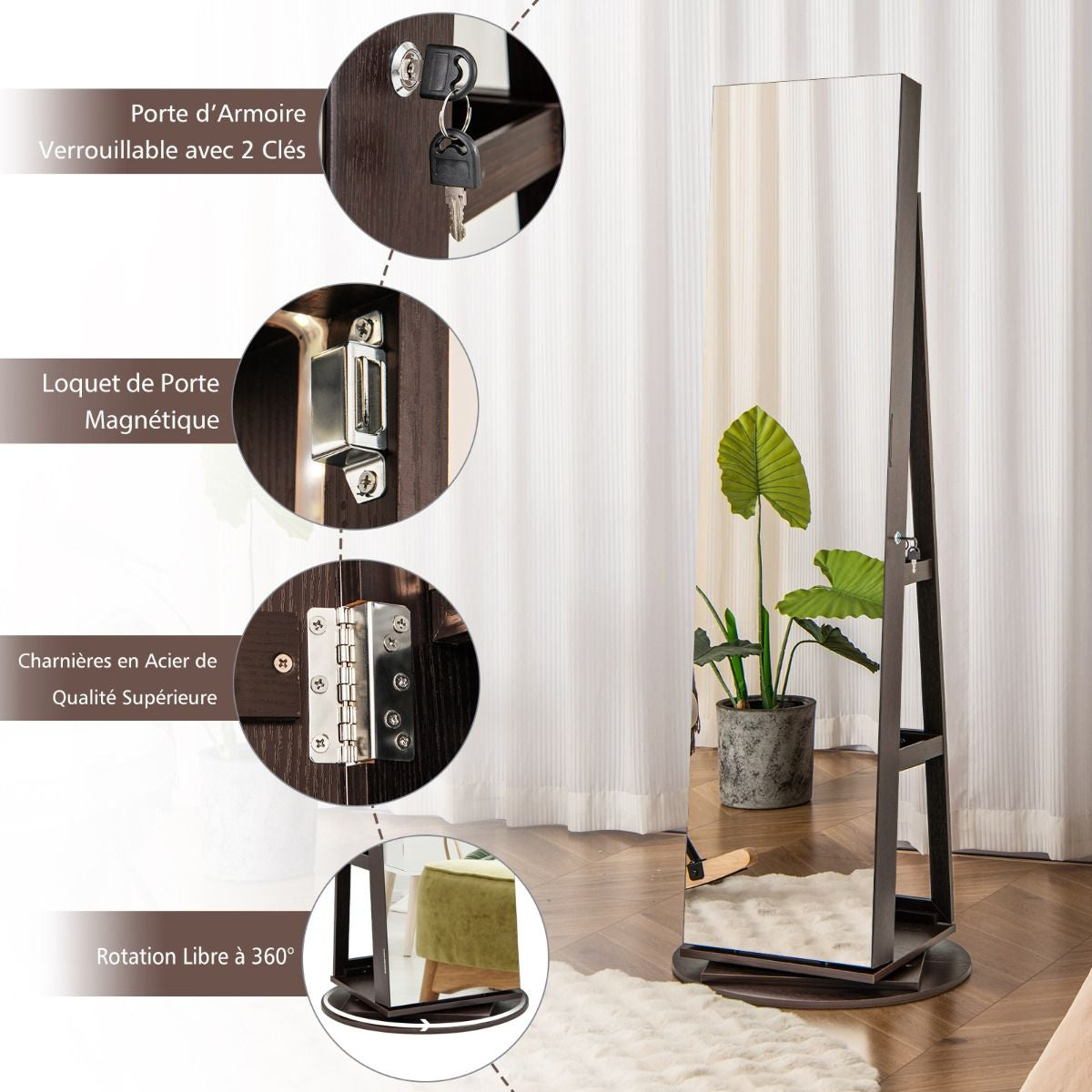 Armoire À Bijoux Pivotante À 360°Avec Lumières LED 3 Couleurs Miroir Pleine Longueur Et Étagère 3 Niveaux En Arrière 10 Couleurs Au Choix