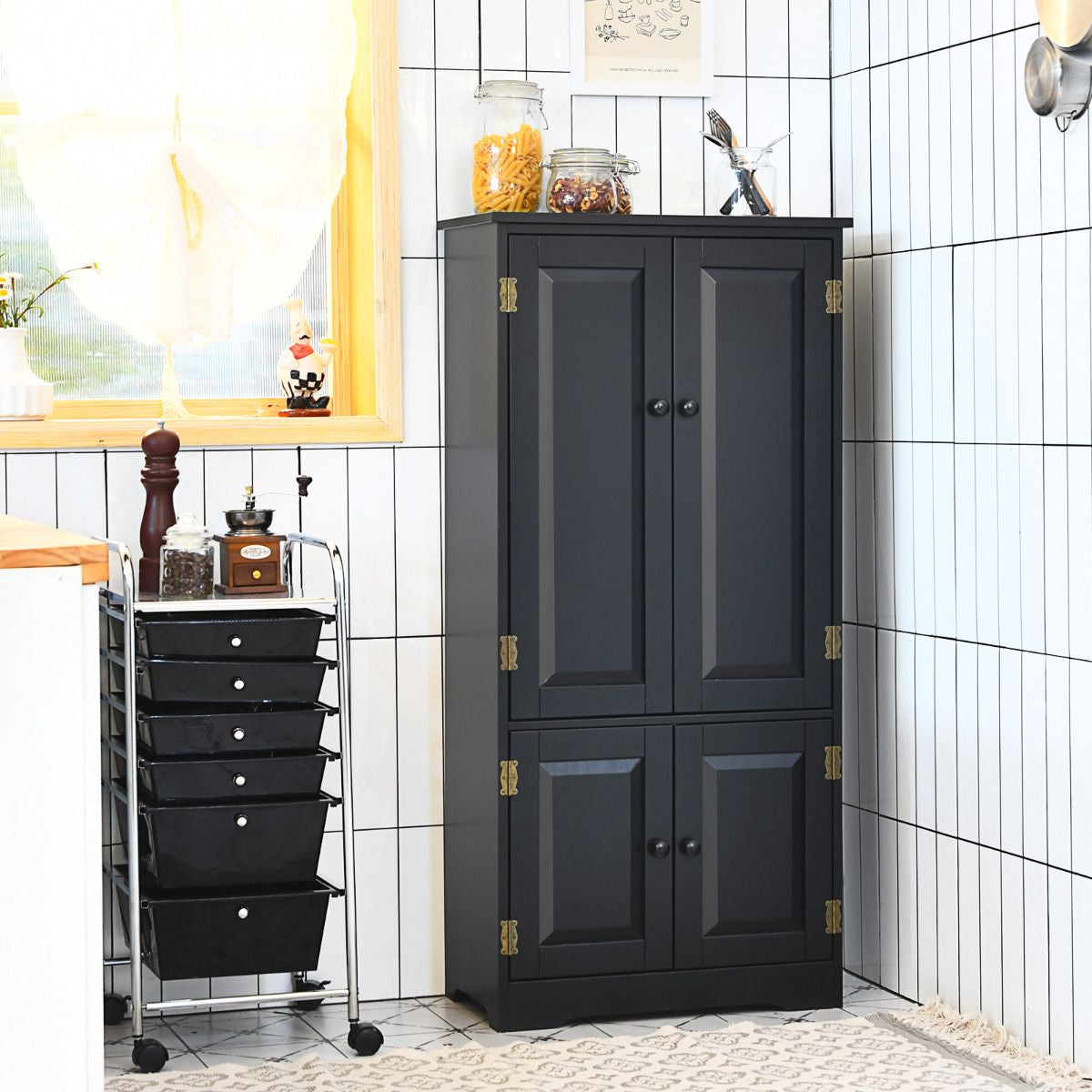 Armoire De Chambre Avec 2 Porte De Style Vintage Avec 2 Etagères Réglables À 5 Positions En MDF Blanc/Noir
