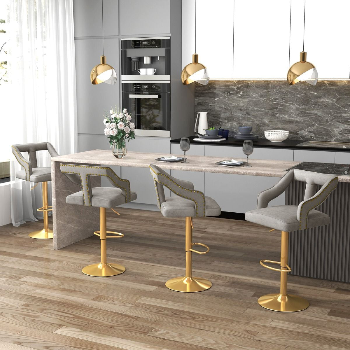 Lot De 2 Chaises De Bar Pivotantes Et Réglables Repose-Pied Base En Métal Galvanisé Anneau Antidérapant Gris/Rose