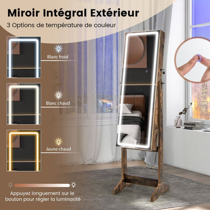 Armoire À Bijoux Sur Pied Avec Lumières LED Armoire Verrouillable Avec Miroir Pleine Longueur Éclairé Blanc/Marron Rustique/Noyer