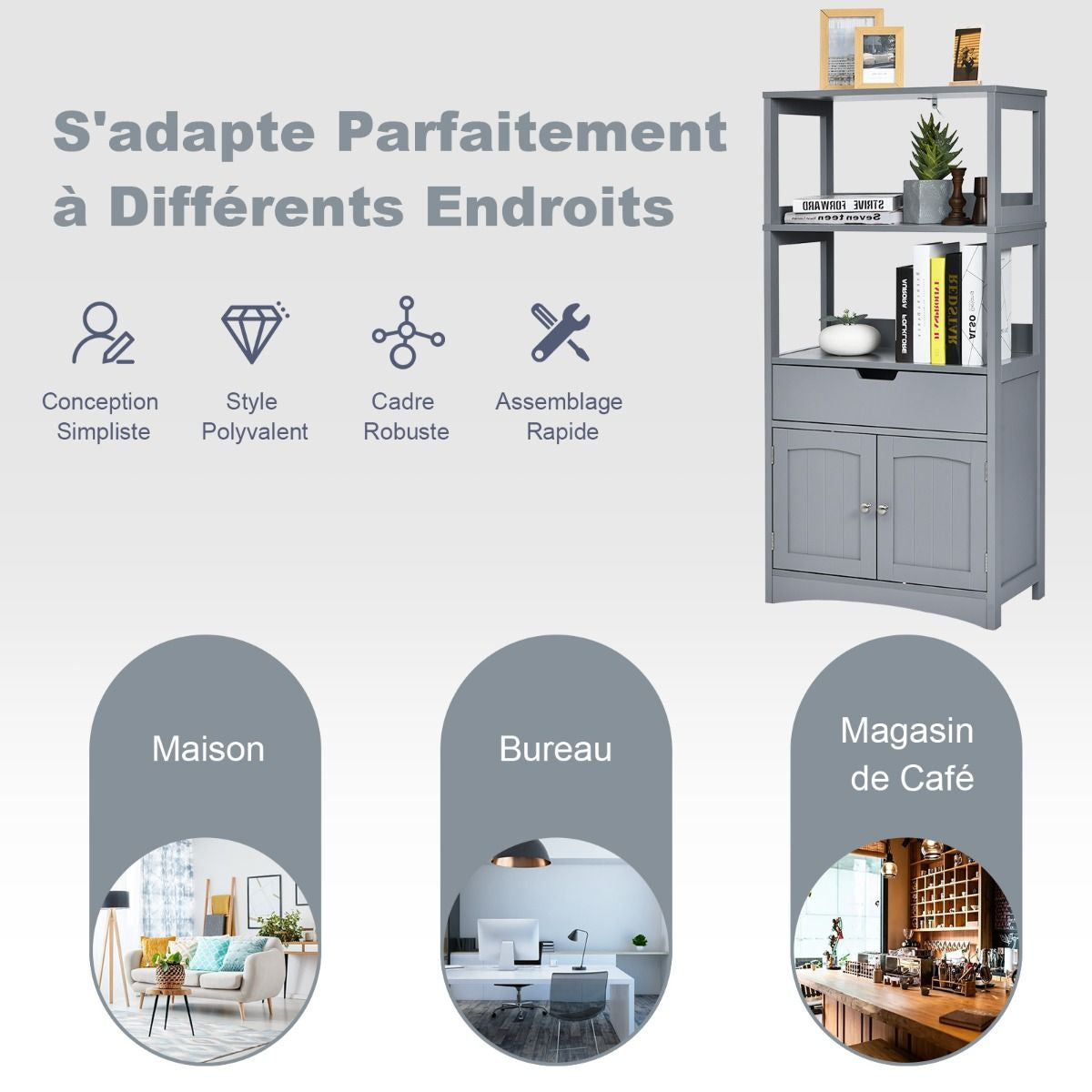 Armoire De Salle De Bain Avec 2 Portes 1 Tiroir 3 Etagères Ouvertes Capacité 70 Kg En Mdf 32,5X60X122Cm Blanc/Noir/Gris