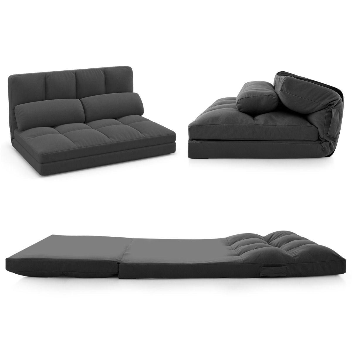 Canapé Lit Convertible En Velours Pliable Dossier Réglable À 6 Niveaux Avec 2 Coussins Gris Clair/Gris Foncé