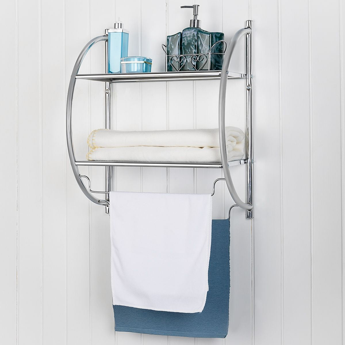 Etagère Murale De Salle De Bain Porte-Serviettes Avec 2 Tablettes Et 2 Barres En Métal Chromé 45X25,5X55Cm Argenté