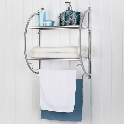 Etagère Murale De Salle De Bain Porte-Serviettes Avec 2 Tablettes Et 2 Barres En Métal Chromé 45X25,5X55Cm Argenté