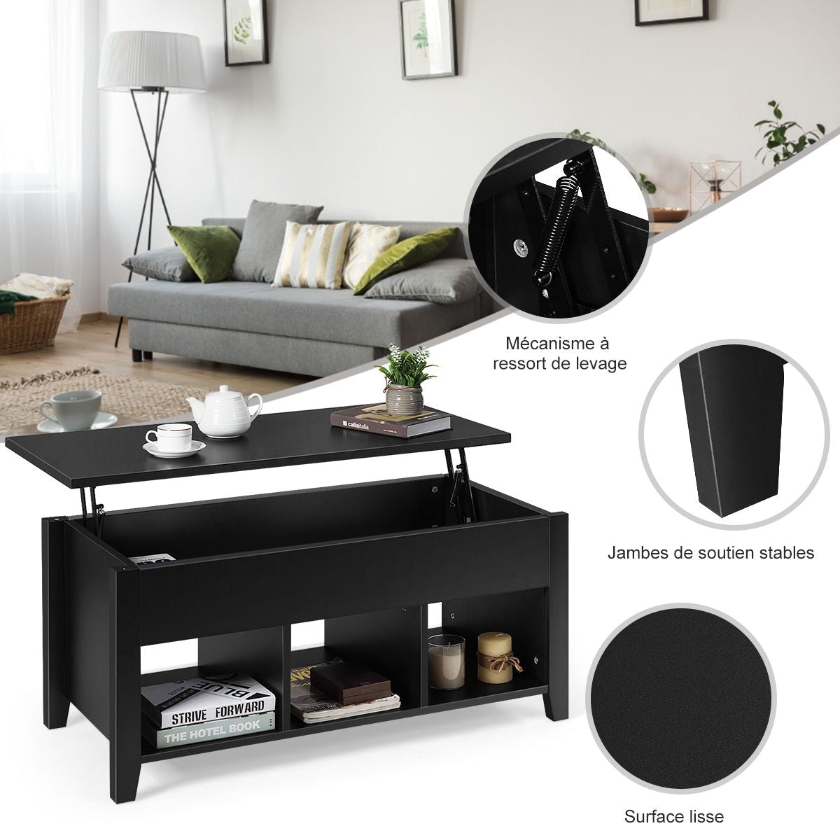 Table Basse Avec Plateau Relevable Noir 105 X 52 X 49 CM Avec Trois Compartiments Pour Rangement Design Contemporain Marron/Noir