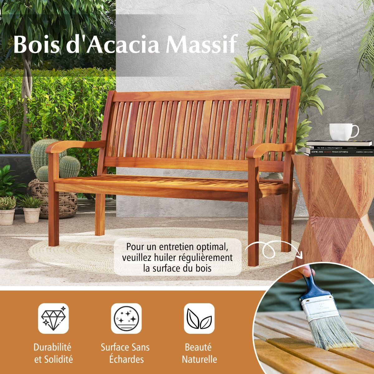 Banc De Jardin En Bois Avec Dossier Et Accoudoir Large Idéal Pour Balcon Jardin Bord De Piscine Etc.