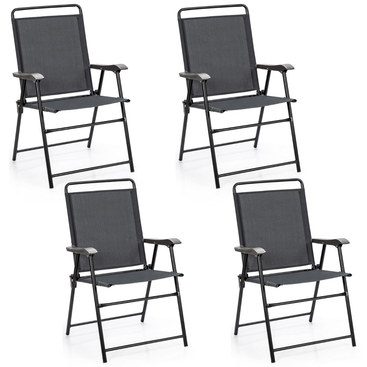 Lot De 4 Chaises Fauteuils De Jardin Pliantes En Textilène Accoudoirs Patins Antidérapants Charge 150KG Gris
