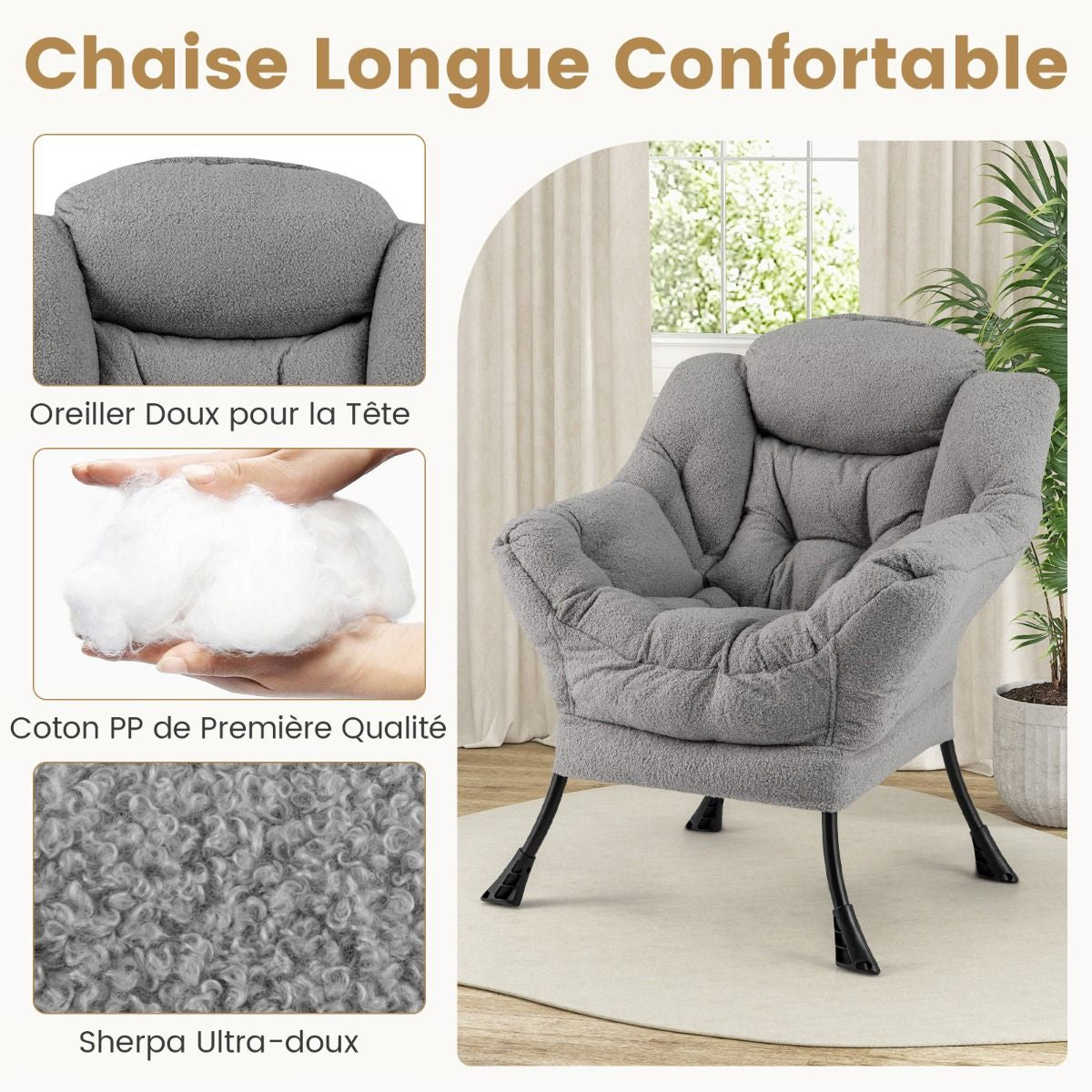 Chaise Paresseuse Avec Ottoman Fauteuil De Loisirs Rembourré Sherpa Moderne Avec Repose-Pied Pliable Coussin De Tête Beige/Gris/Rose