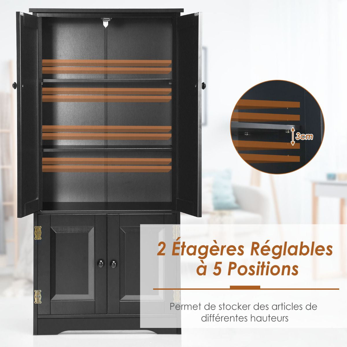 Armoire De Chambre Avec 2 Porte De Style Vintage Avec 2 Etagères Réglables À 5 Positions En MDF Blanc/Noir