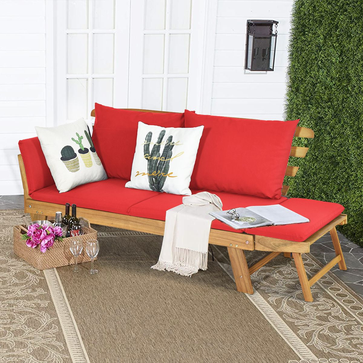 Chaise Longue Convertible Avec Coussin Canapé De Jardin 2 En 1 En Bois D’Acacia Avec Accoudoir Réglable 4 Couleurs Au Choix