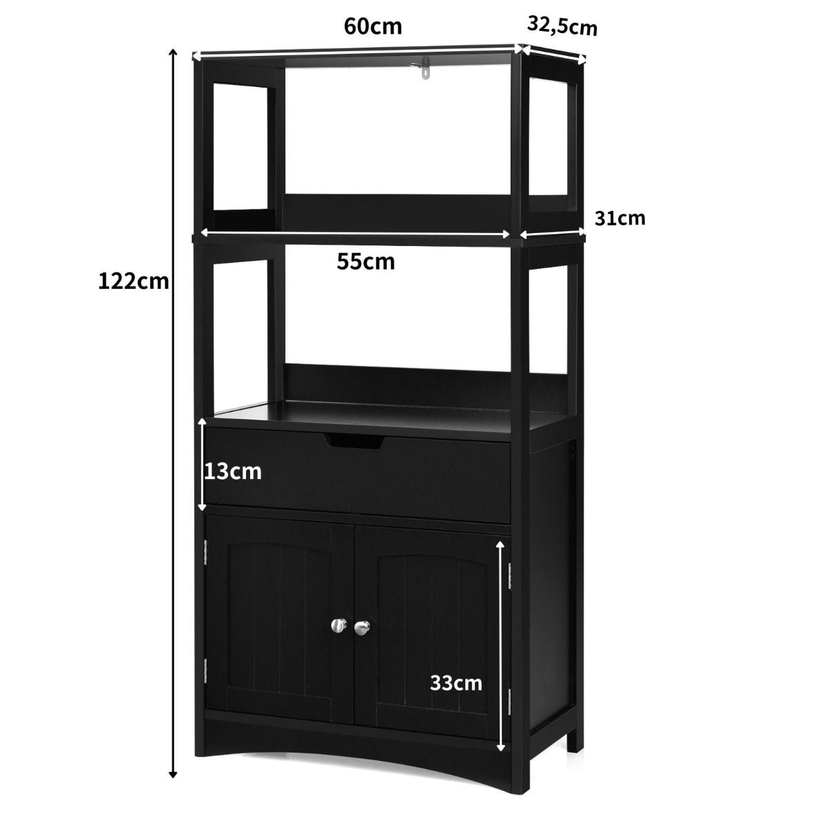 Armoire De Salle De Bain Avec 2 Portes 1 Tiroir 3 Etagères Ouvertes Capacité 70 Kg En Mdf 32,5X60X122Cm Blanc/Noir/Gris