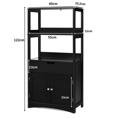 Armoire De Salle De Bain Avec 2 Portes 1 Tiroir 3 Etagères Ouvertes Capacité 70 Kg En Mdf 32,5X60X122Cm Blanc/Noir/Gris