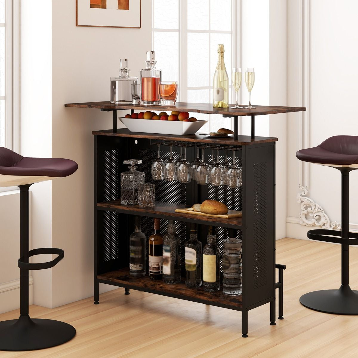 Table De Bar À Domicile À 4 Niveaux Armoire De Bar Avec 2 Étagères Pour Vin Et 6 Supports De Verres Repose-Pieds En Métal 7 Pieds Réglables Noir/Marron