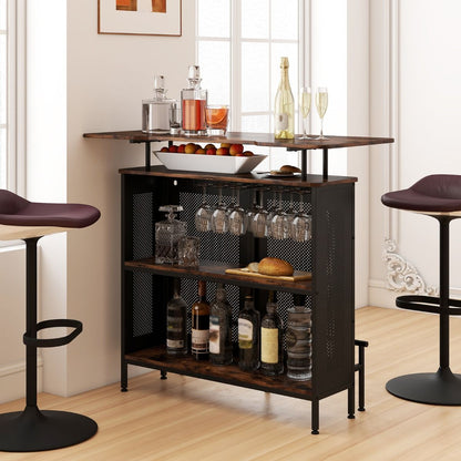 Table De Bar À Domicile À 4 Niveaux Armoire De Bar Avec 2 Étagères Pour Vin Et 6 Supports De Verres Repose-Pieds En Métal 7 Pieds Réglables Noir/Marron