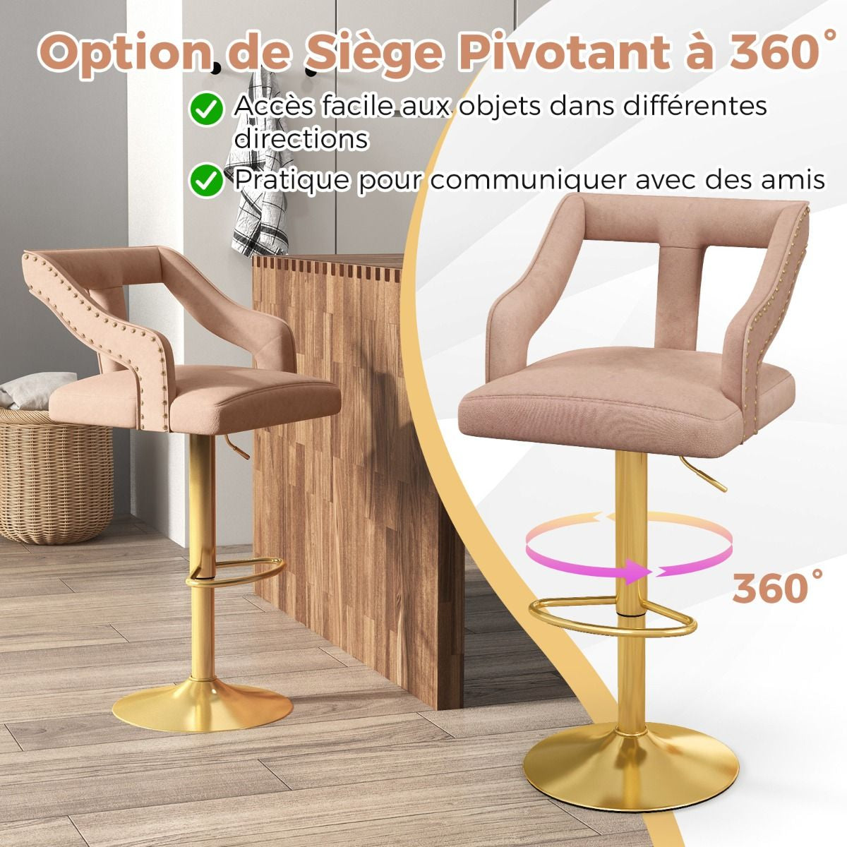 Lot De 2 Chaises De Bar Pivotantes Et Réglables Repose-Pied Base En Métal Galvanisé Anneau Antidérapant Gris/Rose