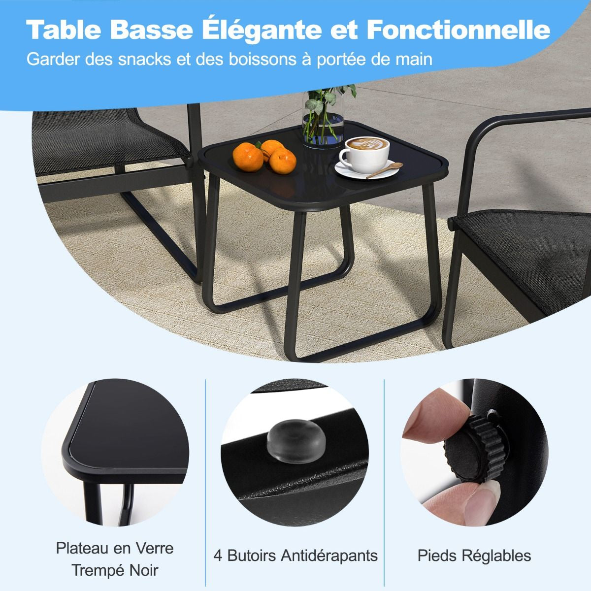 Salon De Jardin 3 PCS En Textilène Anti-Uv Table Basse En Verre Trampé Cadre En Métal Marron/Noir