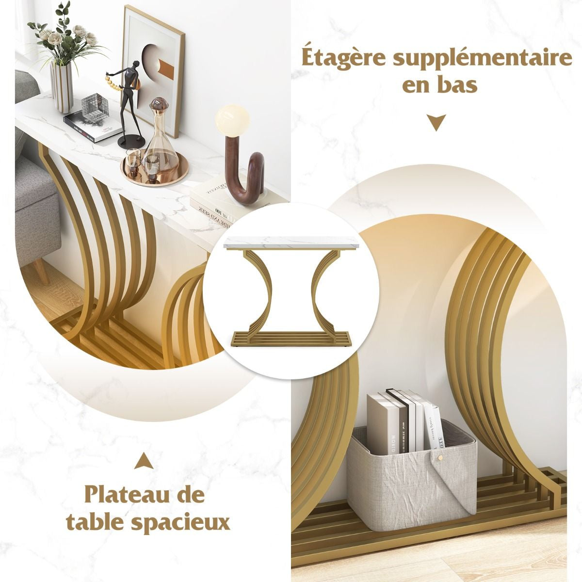 Table Console Imprimée Marbre 100 X 29,5 X 80,5 Cm (L X L X H) Cadre En Métal Doré Style Scandinave Moderne Blanc