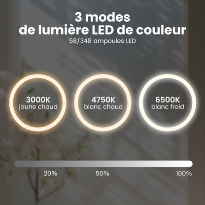 Miroir Mural Rond À LED Et Fonction Anti-Buée Miroir De Courtoisie Étanche Avec 3 Couleurs 58 Lumières Écran Tactile Miroir De Maquillage Argent