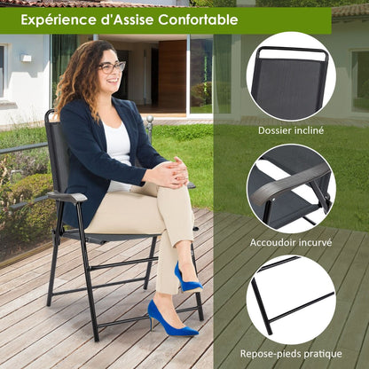 Lot De 4 Chaises Fauteuils De Jardin Pliantes En Textilène Accoudoirs Patins Antidérapants Charge 150KG Gris