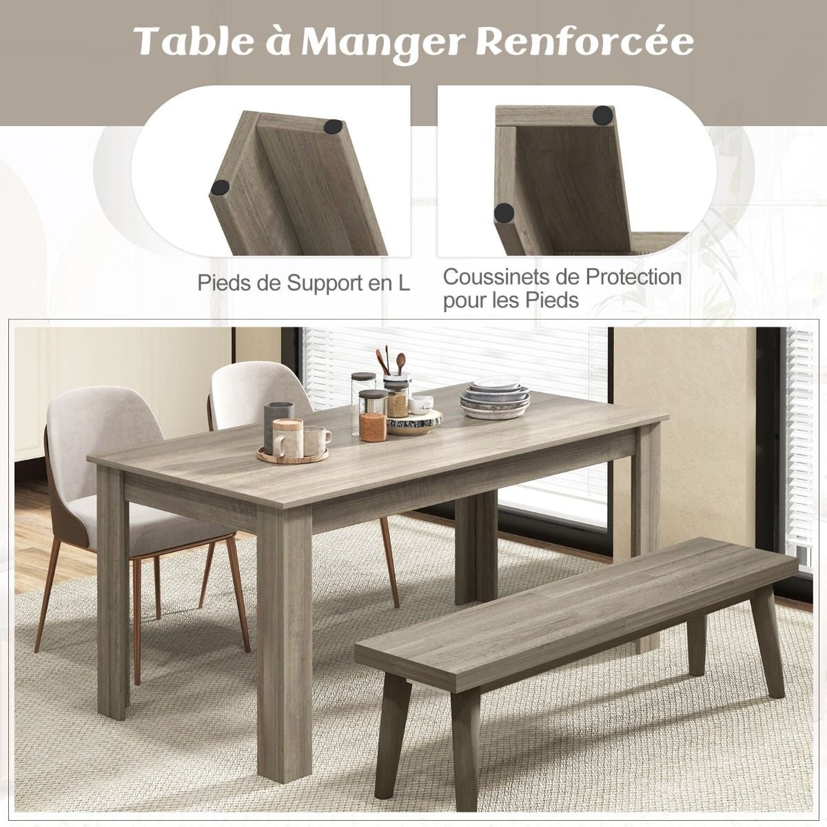 Table Salle À Manger De 160 CM Pour 6-8 Personnes Table Cuisine Rectangulaire Avec Pieds En Formes De L Robustes Table Bureau De Travail Moderne Naturel/Noir