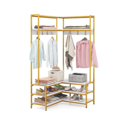 Porte-Vêtements D'Angle Etagères Ouvertes 7 Crochets Banc À Chaussures Cadre En Métal Massif Patins Réglables Marron Rustique/Noyer/Blanc