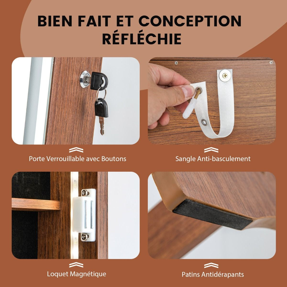 Armoire À Bijoux Sur Pied Avec Lumières LED Armoire Verrouillable Avec Miroir Pleine Longueur Éclairé Blanc/Marron Rustique/Noyer