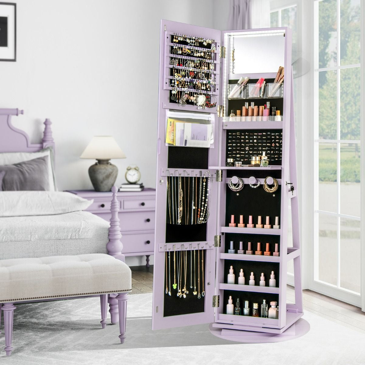 Armoire À Bijoux Pivotante À 360°Avec Lumières LED 3 Couleurs Miroir Pleine Longueur Et Étagère 3 Niveaux En Arrière 10 Couleurs Au Choix