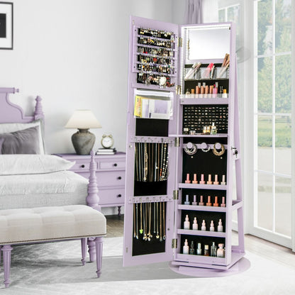 Armoire À Bijoux Pivotante À 360°Avec Lumières LED 3 Couleurs Miroir Pleine Longueur Et Étagère 3 Niveaux En Arrière 10 Couleurs Au Choix